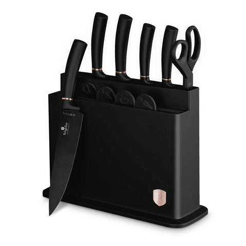 Product image of 11pcs knife set with stand and cutting board set. Part of the Black Rose Collection . Features: • Material: stainless steel with non-stick coating • 4 pcs cutting board • Black stand • Bread knife 20 cm • Chef knife 20 cm • Slicer knife 20 cm .... (Studio view). Official Berlinger Haus product, boosted by Promintra sl.