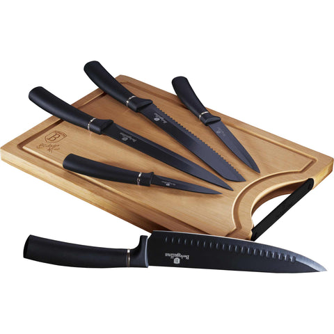 Juego de cuchillos, cuchillos, cuchillo, tabla de cortar, bambú, juego de cuchillos de 6 piezas con tabla de cortar de bambú, negro, RENEW, BH/2709 BH/2549, BH/2549AN