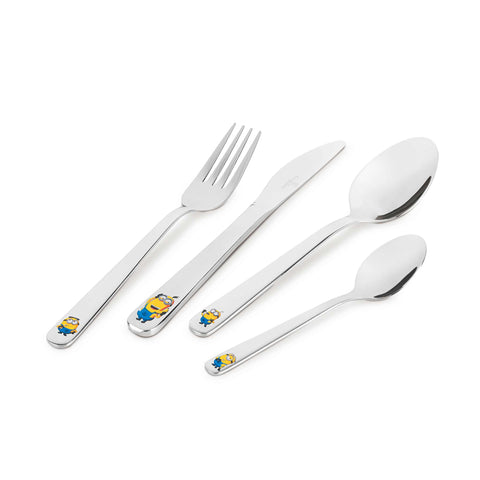 Product image of 4pcs cutlery set mirror. Part of the Minions Collection . Features: • Material: stainless steel • Include: • Knife 1 pc 5,0 mm • Fork 1 pc 2,5 mm • Spoon 1 pc 2,5 mm • Small spoon 1 pc 2,0 mm • Color: silver. (Studio view). Official Berlinger Haus product, boosted by Promintra sl.