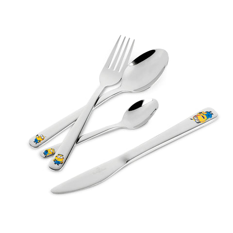 Product image of 4pcs cutlery set mirror. Part of the Minions Collection . Features: • Material: stainless steel • Include: • Knife 1 pc 5,0 mm • Fork 1 pc 2,5 mm • Spoon 1 pc 2,5 mm • Small spoon 1 pc 2,0 mm • Color: silver. (Studio view). Official Berlinger Haus product, boosted by Promintra sl.