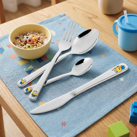 Product image of 4pcs cutlery set mirror. Part of the Minions Collection . Features: • Material: stainless steel • Include: • Knife 1 pc 5,0 mm • Fork 1 pc 2,5 mm • Spoon 1 pc 2,5 mm • Small spoon 1 pc 2,0 mm • Color: silver. (Studio view). Official Berlinger Haus product, boosted by Promintra sl.