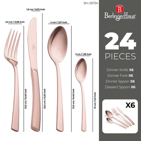  BH/2637A, juego de cubiertos de 24 piezas con recubrimiento PVD de oro rosa pulido espejo, oro rosa, juego de cubiertos de 24 piezas, juego de cubiertos, cubiertos, espejo, vajilla