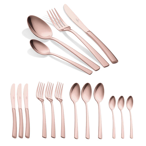 BH/2638A, juego de cubiertos de 16 piezas con recubrimiento PVD de oro rosa pulido espejo, oro rosa, juego de cubiertos de 16 piezas, juego de cubiertos, cubiertos, espejo, vajilla