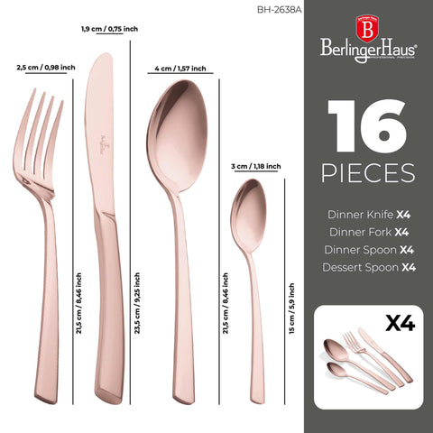 BH/2638A, juego de cubiertos de 16 piezas con recubrimiento PVD de oro rosa pulido espejo, oro rosa, juego de cubiertos de 16 piezas, juego de cubiertos, cubiertos, espejo, vajilla