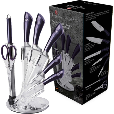  BH/2670, Juego de cuchillos de 8 piezas con soporte de acrílico, Morado, T1: Juego de cuchillos de 8 piezas con soporte de acrílico b., juego de cuchillos, cuchillos, cuchillo, soporte de acrílico, soporte, cuchillos y herramientas de corte