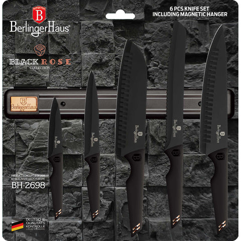 Juego de cuchillos, cuchillos, cuchillo, percha magnética, para colgar,,T4: Juego de cuchillos de 6 piezas con percha magnética b., blíster, negro/oro rosa,,BH/2535A,BH/2698