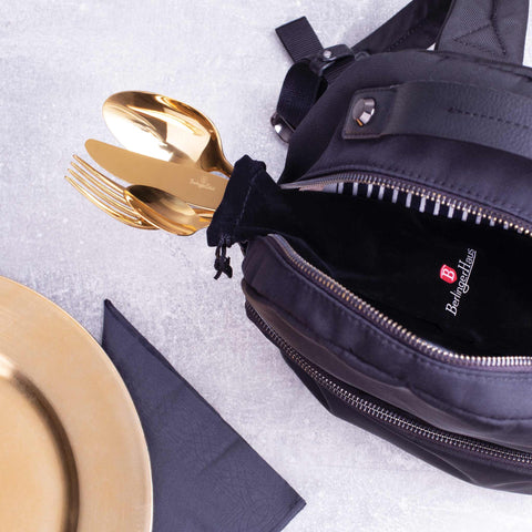  BH/2728, juego de cubiertos de 4 piezas con espejo y bolsa de viaje de lona, champán, juego de cubiertos de 4 piezas, juego de cubiertos, cubiertos, espejo, bolsa de viaje, portátil, vajilla