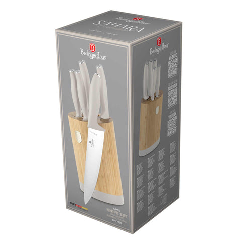 bambú, BH/2755, blockknives, crema mate, cuchillo, cuchillos, juego de cuchillos, juego de cuchillos de 6 piezas con soporte de bambú, kitchenutensil, Knivesset, Sahara Collection, tabla de cortar, Embalaje del producto.