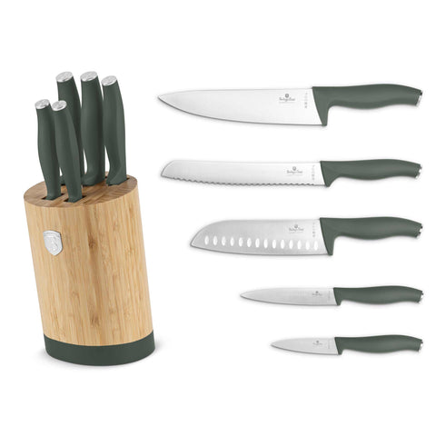 bambú, BH/2757, blockknives, cuchillo, cuchillos, juego de cuchillos, juego de cuchillos de 6 piezas con soporte de bambú, kitchenutensil, Knivesset, Matte Green Collection, tabla de cortar, verde mate, Imagen conceptual: producto y función clave.