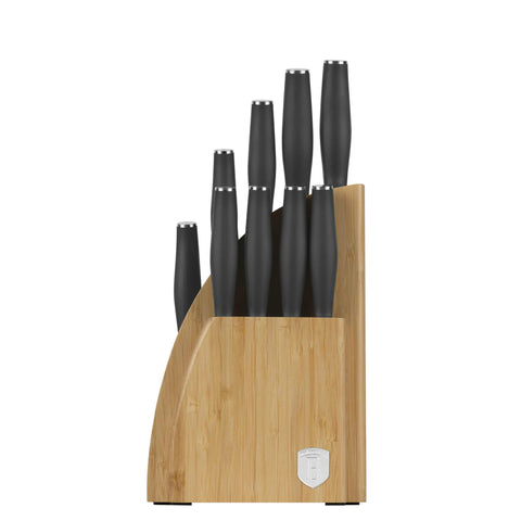 Product image of 10pcs knife set with BAMBOO stand. Part of the Anthracite Collection . Features: • Material: stainless steel • Chef knife 20 cm • Bread knife 20 cm • Santoku knife 17,5 cm • Utility knife 12,5 cm • Paring knife 9 cm • Steak knif.... (Studio view). Official Berlinger Haus product, boosted by Promintra sl.