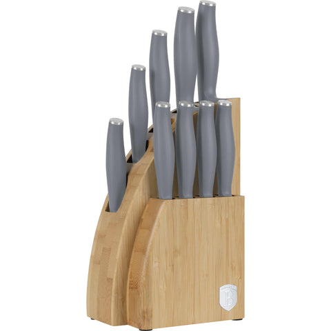 Product image of 10pcs knife set with BAMBOO stand. Part of the Aspen Collection . Features: • Material: stainless steel • Chef knife 20 cm • Bread knife 20 cm • Santoku knife 17,5 cm • Utility knife 12,5 cm • Paring knife 9 cm • Steak knif.... (Studio view). Official Berlinger Haus product, boosted by Promintra sl.