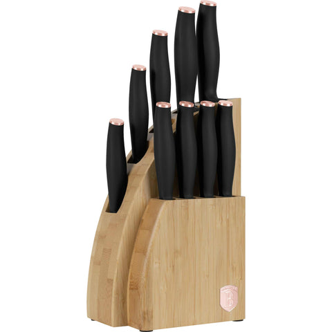 Juego de cuchillos, cuchillos, cuchillo, tabla de cortar, bambú,,Juego de cuchillos de 10 piezas con soporte de bambú,negro/oro rosa,NUEVO,,BH/2760