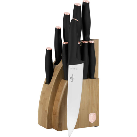BH/2760, juego de cuchillos de 10 piezas con soporte de bambú, negro, oro rosa, juego de cuchillos de 10 piezas con soporte de bambú, juego de cuchillos, cuchillos, cuchillo, tabla de cortar, bambú, cuchillos y herramientas de corte