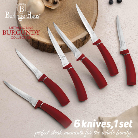  BH/2809,BH/2781, juego de 6 cuchillos para carne, burdeos, rojo, T4: juego de 6 cuchillos para carne, blíster, juego de cuchillos para carne, cuchillos para carne, cuchillos y herramientas de corte, cuchillo para carne