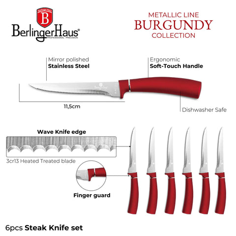  BH/2809,BH/2781, juego de 6 cuchillos para carne, burdeos, rojo, T4: juego de 6 cuchillos para carne, blíster, juego de cuchillos para carne, cuchillos para carne, cuchillos y herramientas de corte, cuchillo para carne