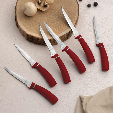  BH/2809,BH/2781, juego de 6 cuchillos para carne, burdeos, rojo, T4: juego de 6 cuchillos para carne, blíster, juego de cuchillos para carne, cuchillos para carne, cuchillos y herramientas de corte, cuchillo para carne