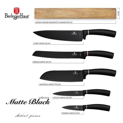 Product image of 6pcs knife set with bamboo wood magnetic hanger. Part of the Black Rose Collection . Features: • Material: stainless steel with black non-stick coating • Chef knife 20 cm • Bread knife 20 cm • Santoku knife 17,5 cm • Utility knife 12,5 cm • P.... (Studio view). Official Berlinger Haus product, boosted by Promintra sl.