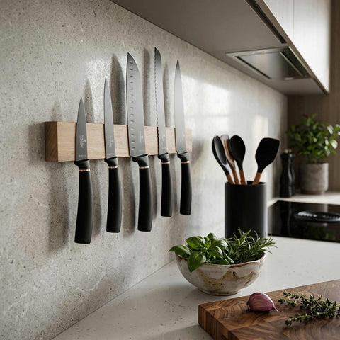 Product image of 6pcs knife set with bamboo wood magnetic hanger. Part of the Black Rose Collection . Features: • Material: stainless steel with black non-stick coating • Chef knife 20 cm • Bread knife 20 cm • Santoku knife 17,5 cm • Utility knife 12,5 cm • P.... (Studio view). Official Berlinger Haus product, boosted by Promintra sl.