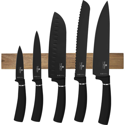 BH/2885, juego de cuchillos de 6 piezas con colgador magnético de madera de acacia, negro, plateado, T3: juego de cuchillos de 6 piezas con colgador de madera de acacia, juego de cuchillos, cuchillos, cuchillo, colgador de madera de acacia, colgante, cuchillos y herramientas de corte