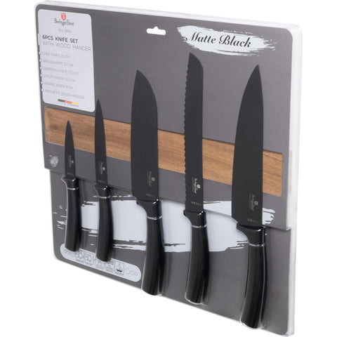 BH/2885, juego de cuchillos de 6 piezas con colgador magnético de madera de acacia, negro, plateado, T3: juego de cuchillos de 6 piezas con colgador de madera de acacia, juego de cuchillos, cuchillos, cuchillo, colgador de madera de acacia, colgante, cuchillos y herramientas de corte