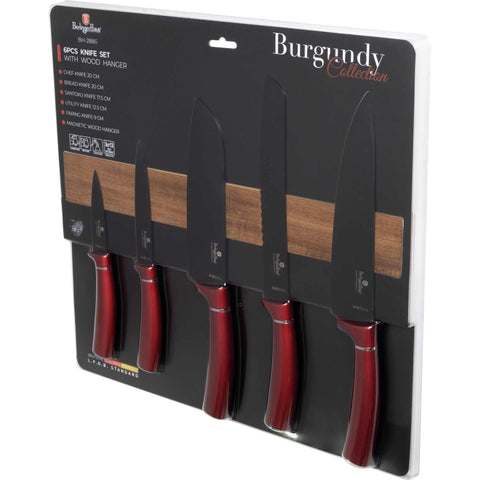  BH/2886, juego de cuchillos de 6 piezas con colgador magnético de madera de acacia, burdeos, rojo, T3: juego de cuchillos de 6 piezas con colgador de madera de acacia, juego de cuchillos, cuchillos, cuchillo, colgador de madera de acacia, colgante, cuchillos y herramientas de corte