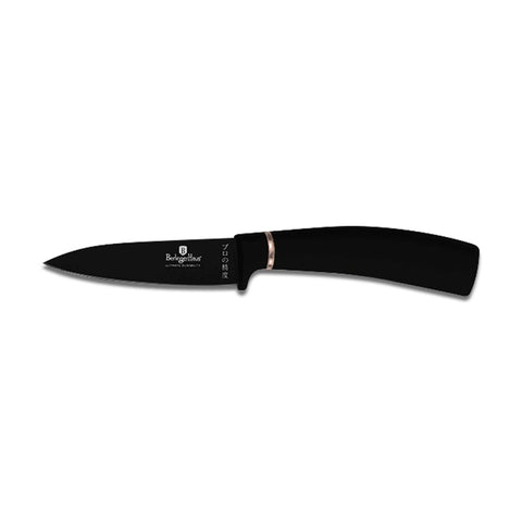 Product image of 4pcs knife set. Part of the Black Rose Collection . Features: • Material: stainless steel with black non-stick coating • Chef knife 20 cm • Santoku knife 17,5 cm • Utility knife 12,5 cm • Paring knife 9 cm • C.... (Studio view). Official Berlinger Haus product, boosted by Promintra sl.