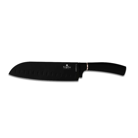 Product image of 4pcs knife set. Part of the Black Rose Collection . Features: • Material: stainless steel with black non-stick coating • Chef knife 20 cm • Santoku knife 17,5 cm • Utility knife 12,5 cm • Paring knife 9 cm • C.... (Studio view). Official Berlinger Haus product, boosted by Promintra sl.