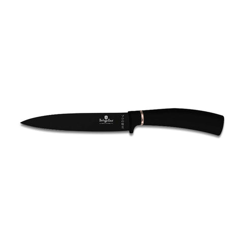 Product image of 4pcs knife set. Part of the Black Rose Collection . Features: • Material: stainless steel with black non-stick coating • Chef knife 20 cm • Santoku knife 17,5 cm • Utility knife 12,5 cm • Paring knife 9 cm • C.... (Studio view). Official Berlinger Haus product, boosted by Promintra sl.