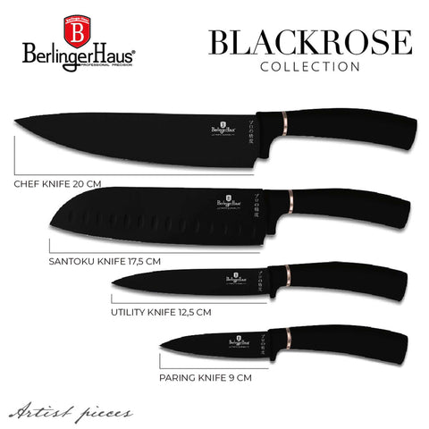 Product image of 4pcs knife set. Part of the Black Rose Collection . Features: • Material: stainless steel with black non-stick coating • Chef knife 20 cm • Santoku knife 17,5 cm • Utility knife 12,5 cm • Paring knife 9 cm • C.... (Studio view). Official Berlinger Haus product, boosted by Promintra sl.