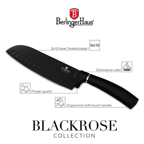 Product image of 4pcs knife set. Part of the Black Rose Collection . Features: • Material: stainless steel with black non-stick coating • Chef knife 20 cm • Santoku knife 17,5 cm • Utility knife 12,5 cm • Paring knife 9 cm • C.... (Studio view). Official Berlinger Haus product, boosted by Promintra sl.