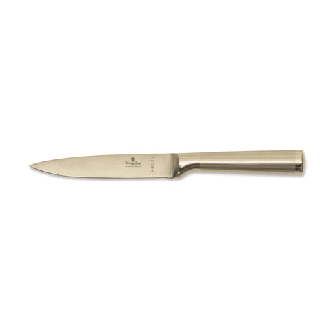 Product image of Utility knife 12,5cm. Part of the Sahara Collection/Leonardo Collection . Features: • Material: stainless steel with satin and mirror polish handle • Size: 12,5 cm • Color: gold. (Studio view). Official Berlinger Haus product, boosted by Promintra sl.