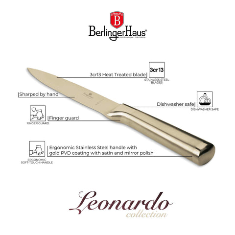 Product image of Utility knife 12,5cm. Part of the Sahara Collection/Leonardo Collection . Features: • Material: stainless steel with satin and mirror polish handle • Size: 12,5 cm • Color: gold. (Studio view). Official Berlinger Haus product, boosted by Promintra sl.