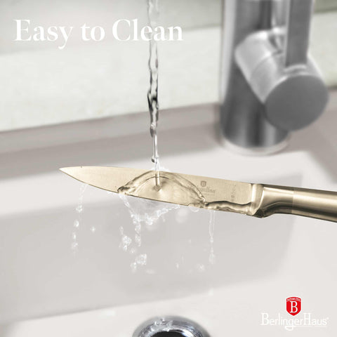 Product image of Utility knife 12,5cm. Part of the Sahara Collection/Leonardo Collection . Features: • Material: stainless steel with satin and mirror polish handle • Size: 12,5 cm • Color: gold. (Studio view). Official Berlinger Haus product, boosted by Promintra sl.