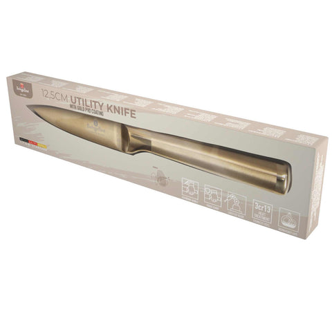 Product image of Utility knife 12,5cm. Part of the Sahara Collection/Leonardo Collection . Features: • Material: stainless steel with satin and mirror polish handle • Size: 12,5 cm • Color: gold. (Studio view). Official Berlinger Haus product, boosted by Promintra sl.