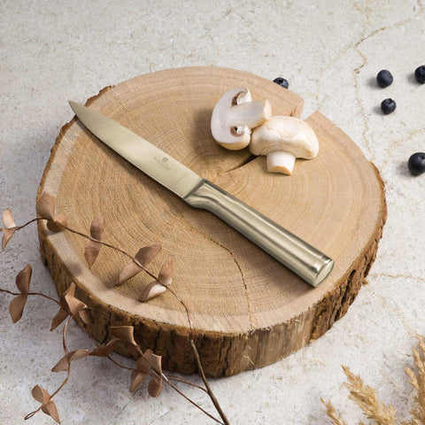Product image of Utility knife 12,5cm. Part of the Sahara Collection/Leonardo Collection . Features: • Material: stainless steel with satin and mirror polish handle • Size: 12,5 cm • Color: gold. (Studio view). Official Berlinger Haus product, boosted by Promintra sl.