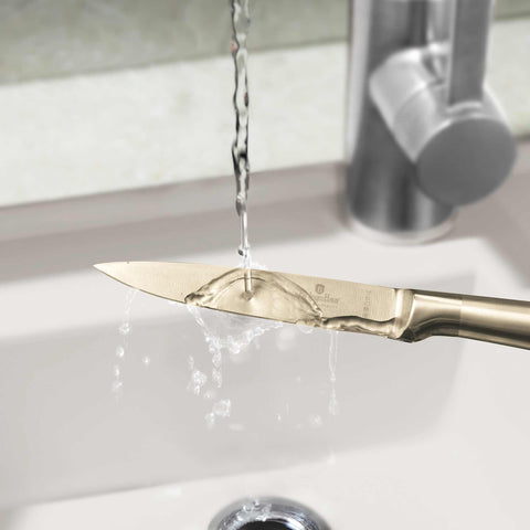 Product image of Utility knife 12,5cm. Part of the Sahara Collection/Leonardo Collection . Features: • Material: stainless steel with satin and mirror polish handle • Size: 12,5 cm • Color: gold. (Studio view). Official Berlinger Haus product, boosted by Promintra sl.