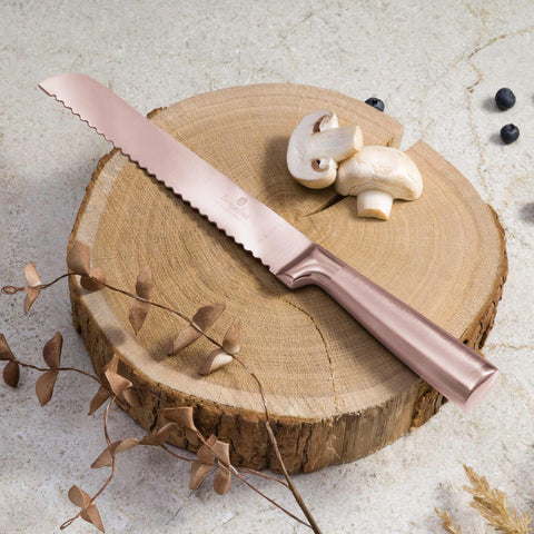 Product image of Bread knife 20cm. Part of the Taupe Collection/Black Rose Collection . Features: • Material: stainless steel with satin and mirror polish handle • Size: 20 cm • Color: rose gold. (Studio view). Official Berlinger Haus product, boosted by Promintra sl.