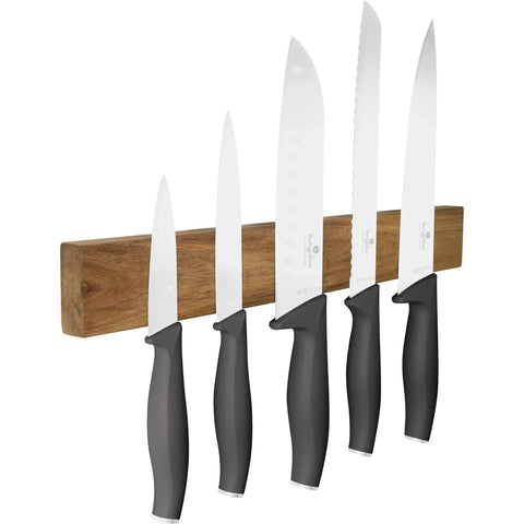  BH/2940, juego de cuchillos de 6 piezas con colgador magnético de madera de acacia, antracita mate, juego de cuchillos de 6 piezas con colgador de madera de acacia, juego de cuchillos, cuchillos, cuchillo, colgador de madera de acacia, para colgar, cuchillos y herramientas de corte