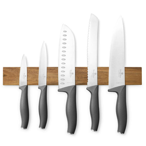  BH/2940, juego de cuchillos de 6 piezas con colgador magnético de madera de acacia, antracita mate, juego de cuchillos de 6 piezas con colgador de madera de acacia, juego de cuchillos, cuchillos, cuchillo, colgador de madera de acacia, para colgar, cuchillos y herramientas de corte
