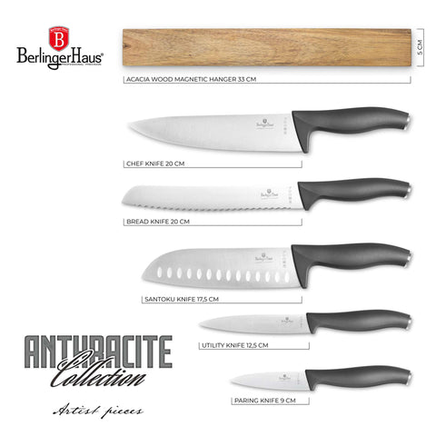  BH/2940, juego de cuchillos de 6 piezas con colgador magnético de madera de acacia, antracita mate, juego de cuchillos de 6 piezas con colgador de madera de acacia, juego de cuchillos, cuchillos, cuchillo, colgador de madera de acacia, para colgar, cuchillos y herramientas de corte