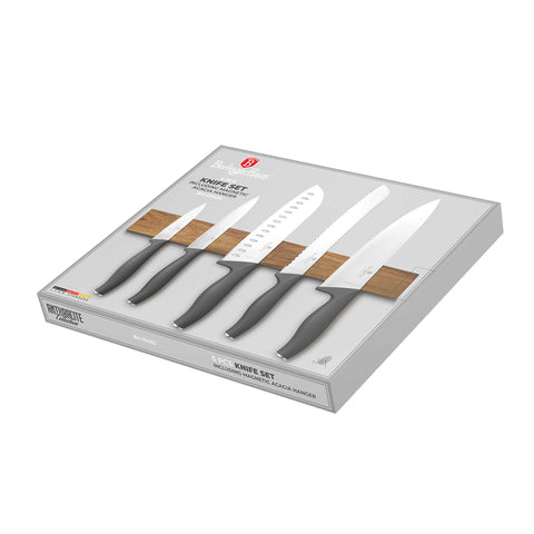  BH/2940, juego de cuchillos de 6 piezas con colgador magnético de madera de acacia, antracita mate, juego de cuchillos de 6 piezas con colgador de madera de acacia, juego de cuchillos, cuchillos, cuchillo, colgador de madera de acacia, para colgar, cuchillos y herramientas de corte