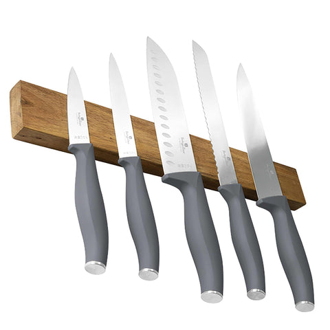 BH/2941, juego de cuchillos de 6 piezas con colgador magnético de madera de acacia, gris mate, juego de cuchillos de 6 piezas con colgador de madera de acacia, juego de cuchillos, cuchillos, cuchillo, colgador de madera de acacia, para colgar
