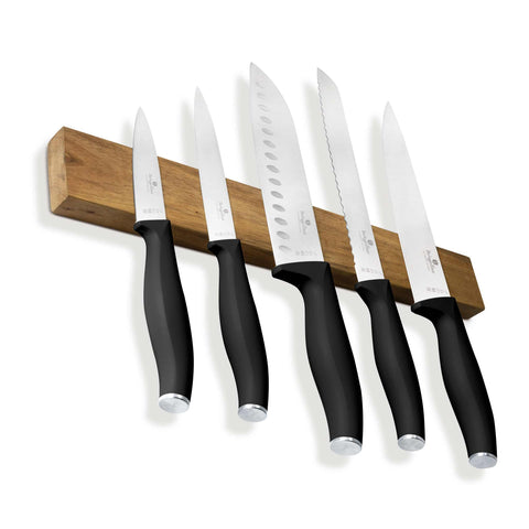 BH/2943, juego de cuchillos de 6 piezas con colgador magnético de madera de acacia, negro, plateado, juego de cuchillos de 6 piezas con colgador de madera de acacia, juego de cuchillos, cuchillos, cuchillo, colgador de madera de acacia, colgante, cuchillos y herramientas de corte