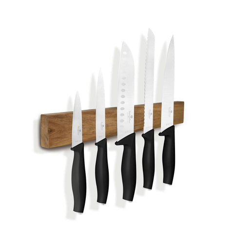 BH/2943, juego de cuchillos de 6 piezas con colgador magnético de madera de acacia, negro, plateado, juego de cuchillos de 6 piezas con colgador de madera de acacia, juego de cuchillos, cuchillos, cuchillo, colgador de madera de acacia, colgante, cuchillos y herramientas de corte