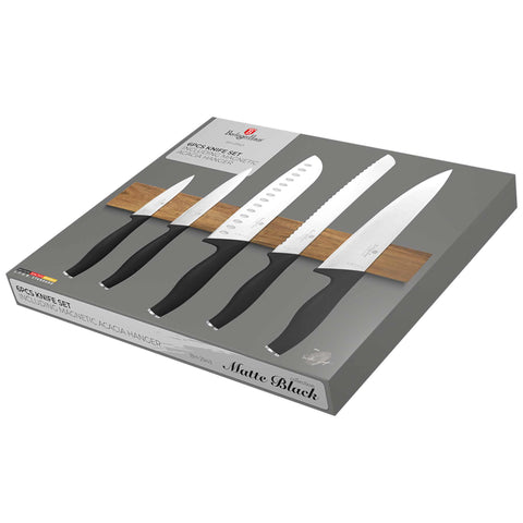 BH/2943, juego de cuchillos de 6 piezas con colgador magnético de madera de acacia, negro, plateado, juego de cuchillos de 6 piezas con colgador de madera de acacia, juego de cuchillos, cuchillos, cuchillo, colgador de madera de acacia, colgante, cuchillos y herramientas de corte