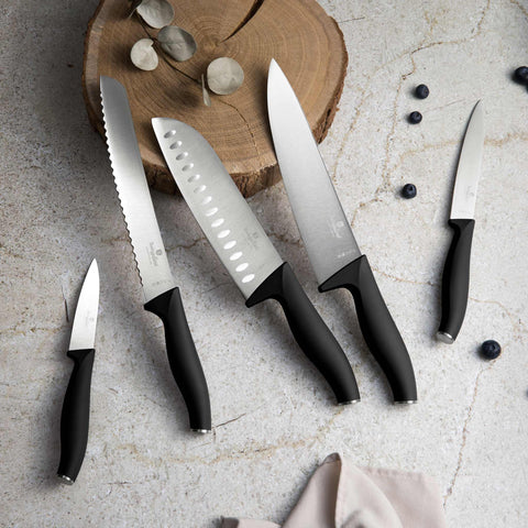 BH/2943, juego de cuchillos de 6 piezas con colgador magnético de madera de acacia, negro, plateado, juego de cuchillos de 6 piezas con colgador de madera de acacia, juego de cuchillos, cuchillos, cuchillo, colgador de madera de acacia, colgante, cuchillos y herramientas de corte