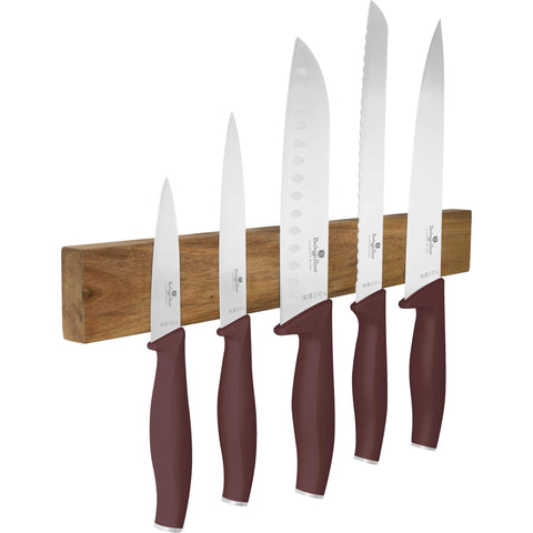  BH/2944, juego de cuchillos de 6 piezas con colgador magnético de madera de acacia, burdeos mate, juego de cuchillos de 6 piezas con colgador de madera de acacia, juego de cuchillos, cuchillos, cuchillo, colgador de madera de acacia, colgante, cuchillos y artículos de corte
