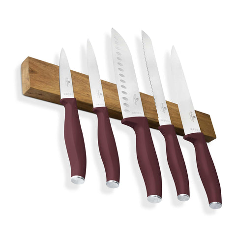  BH/2944, juego de cuchillos de 6 piezas con colgador magnético de madera de acacia, burdeos mate, juego de cuchillos de 6 piezas con colgador de madera de acacia, juego de cuchillos, cuchillos, cuchillo, colgador de madera de acacia, colgante, cuchillos y artículos de corte