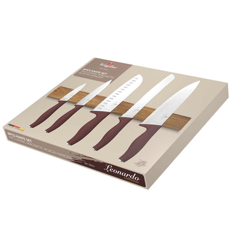  BH/2944, juego de cuchillos de 6 piezas con colgador magnético de madera de acacia, burdeos mate, juego de cuchillos de 6 piezas con colgador de madera de acacia, juego de cuchillos, cuchillos, cuchillo, colgador de madera de acacia, colgante, cuchillos y artículos de corte