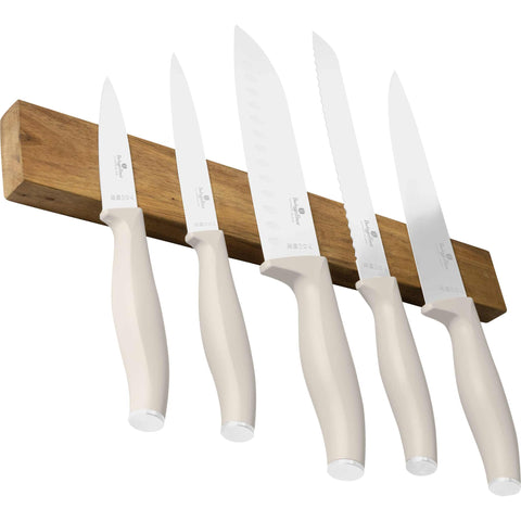 BH/2945, juego de cuchillos de 6 piezas con colgador magnético de madera de acacia, crema mate, juego de cuchillos de 6 piezas con colgador de madera de acacia, juego de cuchillos, cuchillos, cuchillo, colgador de madera de acacia, colgante, cuchillos y herramientas de corte